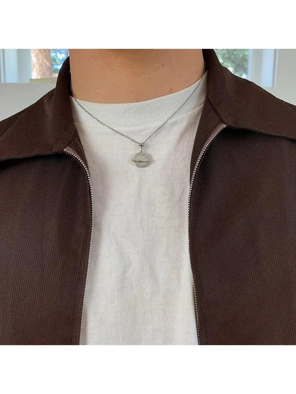 Cyber Y2k silver opal planet pendant opium necklace. Cool design. Chain is